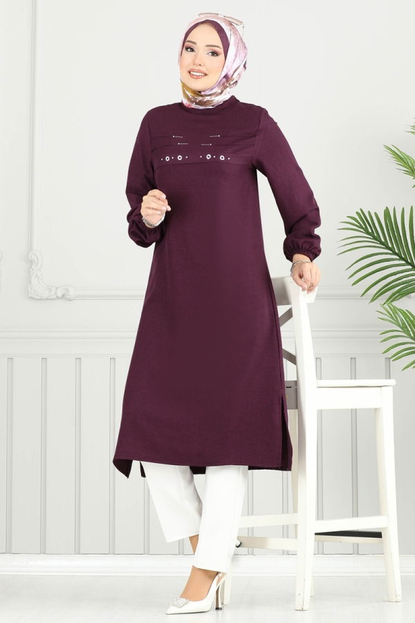 Modaselvim Tunik Taş Detay Tesettür Tunik 3123HBS856 Mürdüm
