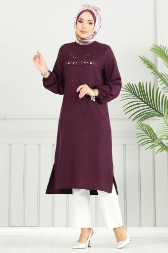 moda selvim Taş Detay Tesettür Tunik 3123HBS856 Mürdüm - Thumbnail