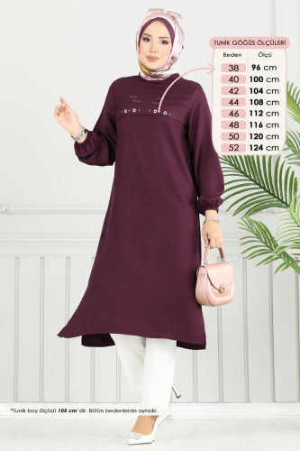 moda selvim Taş Detay Tesettür Tunik 3123HBS856 Mürdüm - Thumbnail