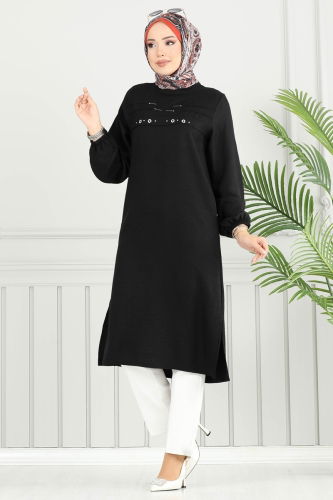 moda selvim Taş Detay Tesettür Tunik 3123HBS856 Siyah - Thumbnail