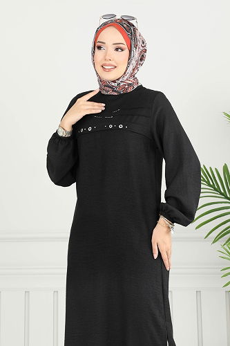 moda selvim Taş Detay Tesettür Tunik 3123HBS856 Siyah - Thumbnail