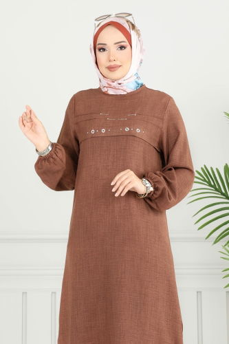 moda selvim Taş Detay Tesettür Tunik 3123HBS856 Taba - Thumbnail