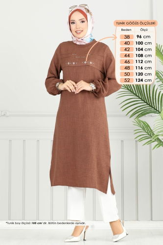 moda selvim Taş Detay Tesettür Tunik 3123HBS856 Taba - Thumbnail