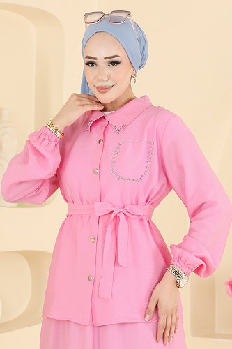 moda selvim Taş Detaylı 2 li Takım 142NZRK1200 Pembe - Thumbnail