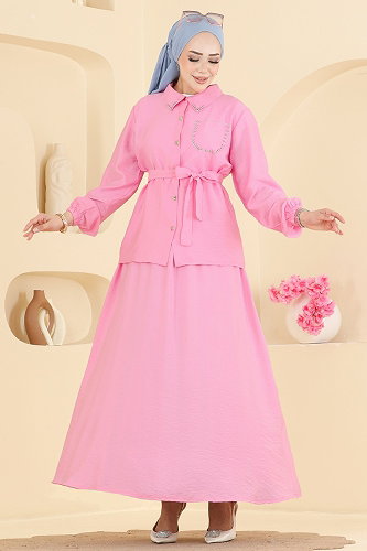 moda selvim Taş Detaylı 2 li Takım 142NZRK1200 Pembe - Thumbnail