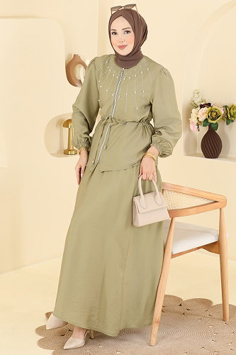 moda selvim Taş Detaylı 2 li Takım 161NZRK1200 Çağla - Thumbnail