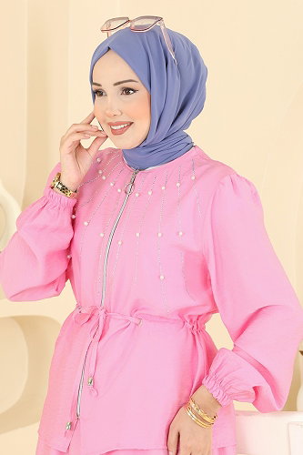 moda selvim Taş Detaylı 2 li Takım 161NZRK1200 Pembe - Thumbnail