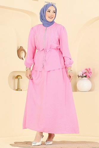 moda selvim Taş Detaylı 2 li Takım 161NZRK1200 Pembe - Thumbnail