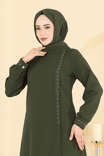 moda selvim Taş Detaylı 2 li Takım 24043UKB139 Haki - Thumbnail