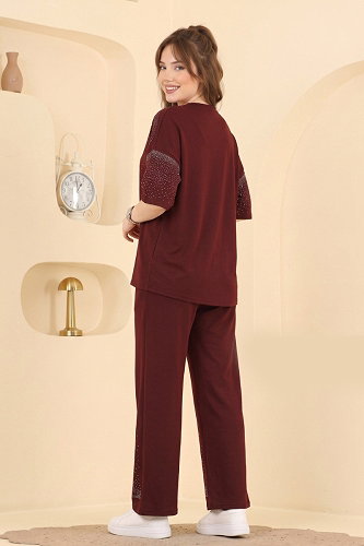moda selvim Taş Detaylı 2 li Takım 2813AYD574 Bordo - Thumbnail