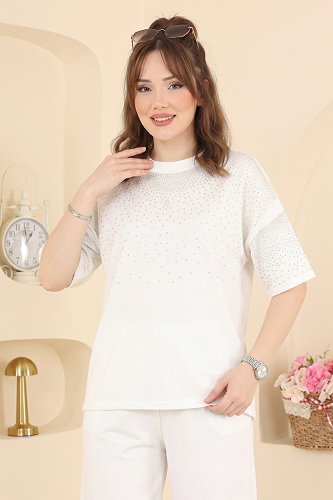 moda selvim Taş Detaylı 2 li Takım 2813AYD574 Ekru - Thumbnail