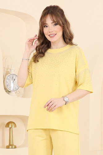 moda selvim Taş Detaylı 2 li Takım 2813AYD574 Sarı - Thumbnail