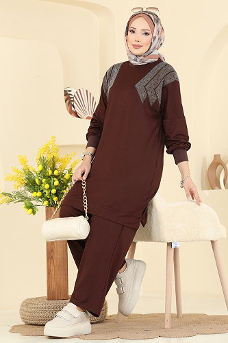 moda selvim Taş Detaylı 2 li Takım 3464UZ662 Kahve - Thumbnail