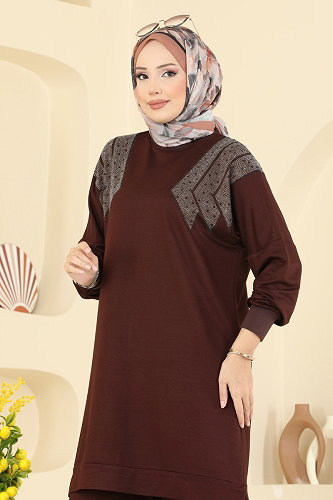 moda selvim Taş Detaylı 2 li Takım 3464UZ662 Kahve - Thumbnail