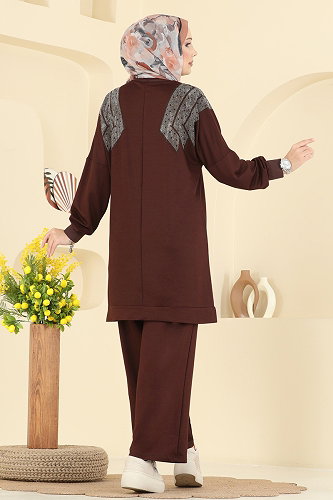 moda selvim Taş Detaylı 2 li Takım 3464UZ662 Kahve - Thumbnail