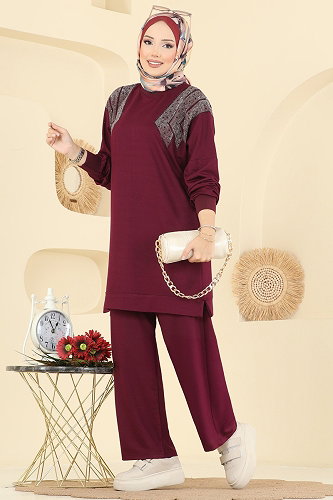moda selvim Taş Detaylı 2 li Takım 3464UZ662 Mürdüm - Thumbnail