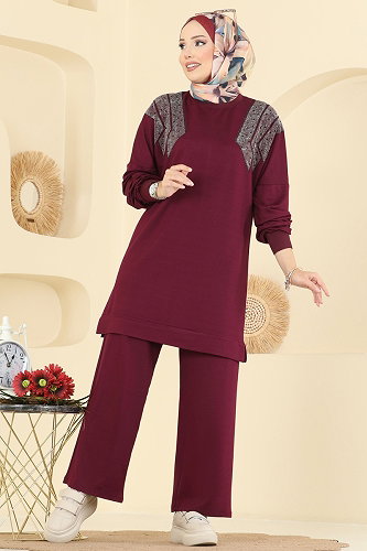 moda selvim Taş Detaylı 2 li Takım 3464UZ662 Mürdüm - Thumbnail