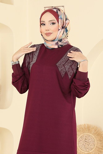 moda selvim Taş Detaylı 2 li Takım 3464UZ662 Mürdüm - Thumbnail