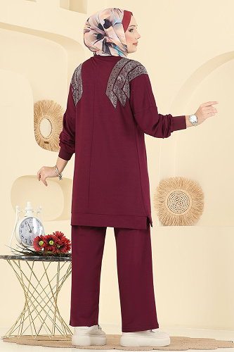 moda selvim Taş Detaylı 2 li Takım 3464UZ662 Mürdüm - Thumbnail