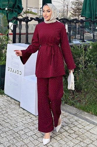 moda selvim Taş Detaylı 2 li Takım 4714ALGK1170 Bordo - Thumbnail