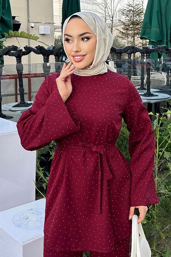 moda selvim Taş Detaylı 2 li Takım 4714ALGK1170 Bordo - Thumbnail