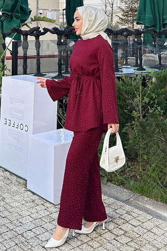 moda selvim Taş Detaylı 2 li Takım 4714ALGK1170 Bordo - Thumbnail