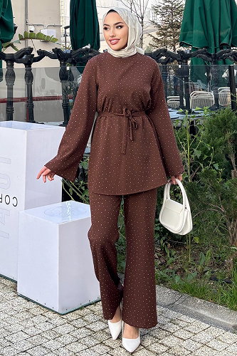 moda selvim Taş Detaylı 2 li Takım 4714ALGK1170 Kahve - Thumbnail