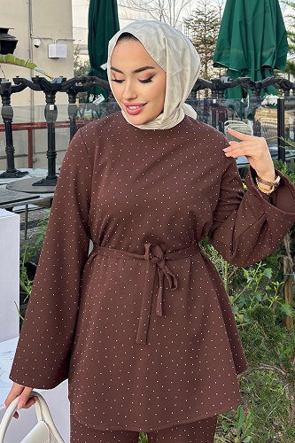 moda selvim Taş Detaylı 2 li Takım 4714ALGK1170 Kahve - Thumbnail