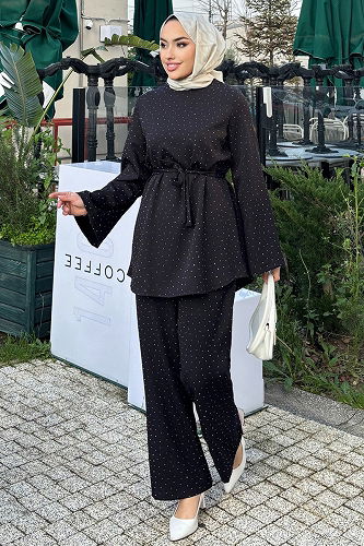 moda selvim Taş Detaylı 2 li Takım 4714ALGK1170 Siyah - Thumbnail