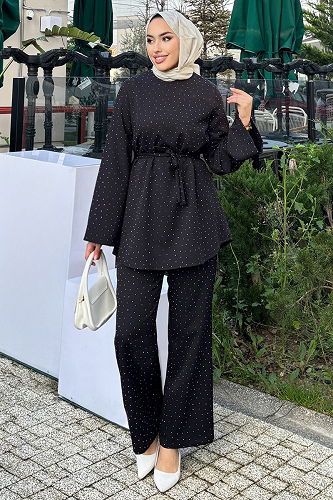 moda selvim Taş Detaylı 2 li Takım 4714ALGK1170 Siyah - Thumbnail