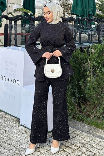 moda selvim Taş Detaylı 2 li Takım 4714ALGK1170 Siyah - Thumbnail