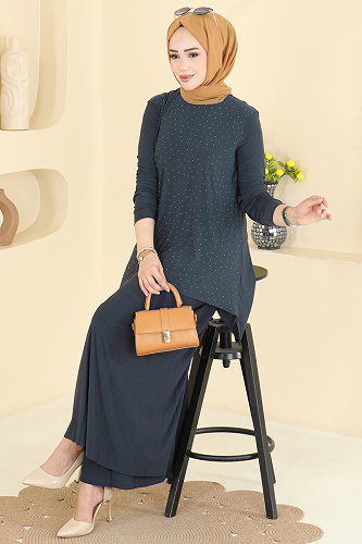 moda selvim Taş Detaylı 2 li Takım 5632ZNN863 Açık Antrasit - Thumbnail