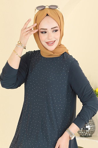 moda selvim Taş Detaylı 2 li Takım 5632ZNN863 Açık Antrasit - Thumbnail