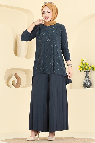 moda selvim Taş Detaylı 2 li Takım 5632ZNN863 Açık Antrasit - Thumbnail