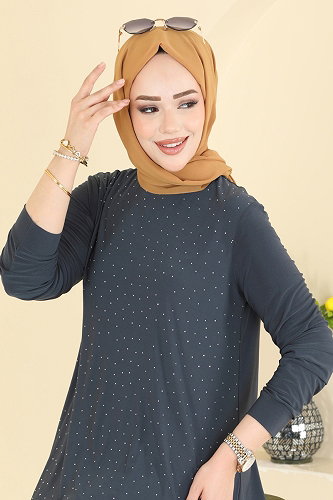 moda selvim Taş Detaylı 2 li Takım 5632ZNN863 Antrasit - Thumbnail