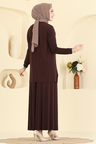 moda selvim Taş Detaylı 2 li Takım 5632ZNN863 Kahve - Thumbnail