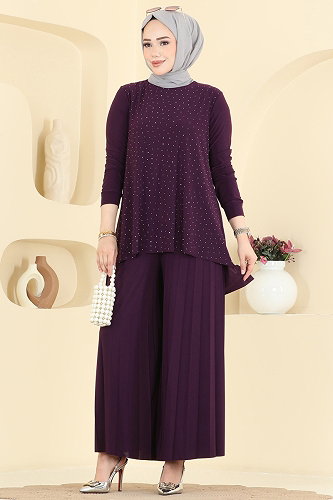 moda selvim Taş Detaylı 2 li Takım 5632ZNN863 Mürdüm - Thumbnail