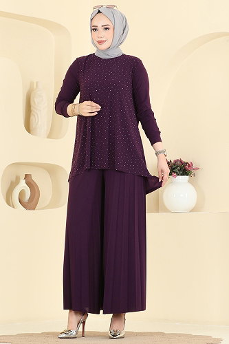 moda selvim Taş Detaylı 2 li Takım 5632ZNN863 Mürdüm - Thumbnail