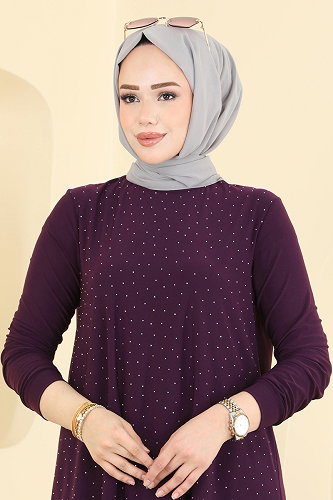 moda selvim Taş Detaylı 2 li Takım 5632ZNN863 Mürdüm - Thumbnail