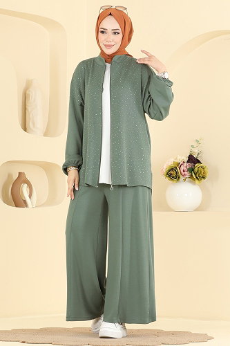 moda selvim Taş Detaylı 2 li Takım 5736ZNK1009 Haki - Thumbnail