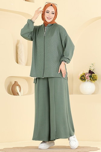 moda selvim Taş Detaylı 2 li Takım 5736ZNK1009 Haki - Thumbnail
