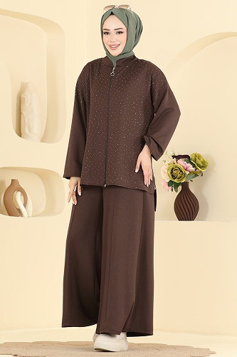 moda selvim Taş Detaylı 2 li Takım 5736ZNK1009 Kahve - Thumbnail