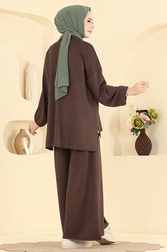 moda selvim Taş Detaylı 2 li Takım 5736ZNK1009 Kahve - Thumbnail