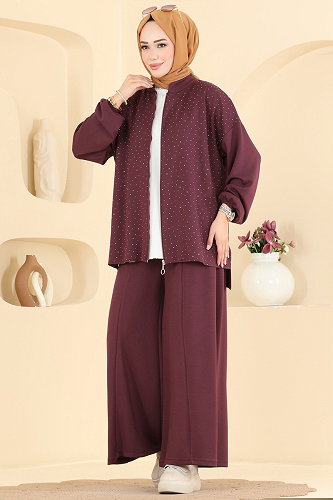 moda selvim Taş Detaylı 2 li Takım 5736ZNK1009 Mürdüm - Thumbnail