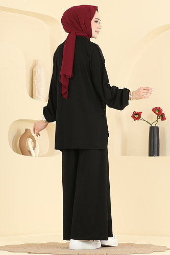 moda selvim Taş Detaylı 2 li Takım 5736ZNK1009 Siyah - Thumbnail