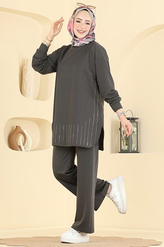 moda selvim Taş Detaylı 2 li Takım 837PM271 Antrasit - Thumbnail