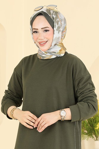 moda selvim Taş Detaylı 2 li Takım 837PM271 Haki - Thumbnail