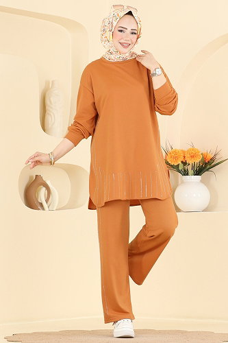 moda selvim Taş Detaylı 2 li Takım 837PM271 Koyu Hardal - Thumbnail
