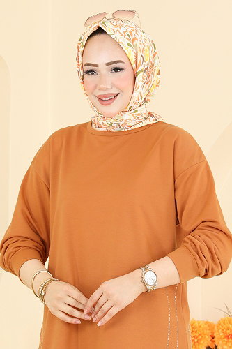 moda selvim Taş Detaylı 2 li Takım 837PM271 Koyu Hardal - Thumbnail