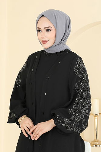moda selvim Taş Detaylı Abayalı Takım 1768FMZ1159 Siyah - Thumbnail
